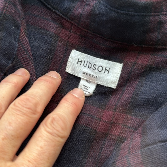 Hudson North,S, burgundy/navy plaid button up shirt, cotton - Picture 2 of 2